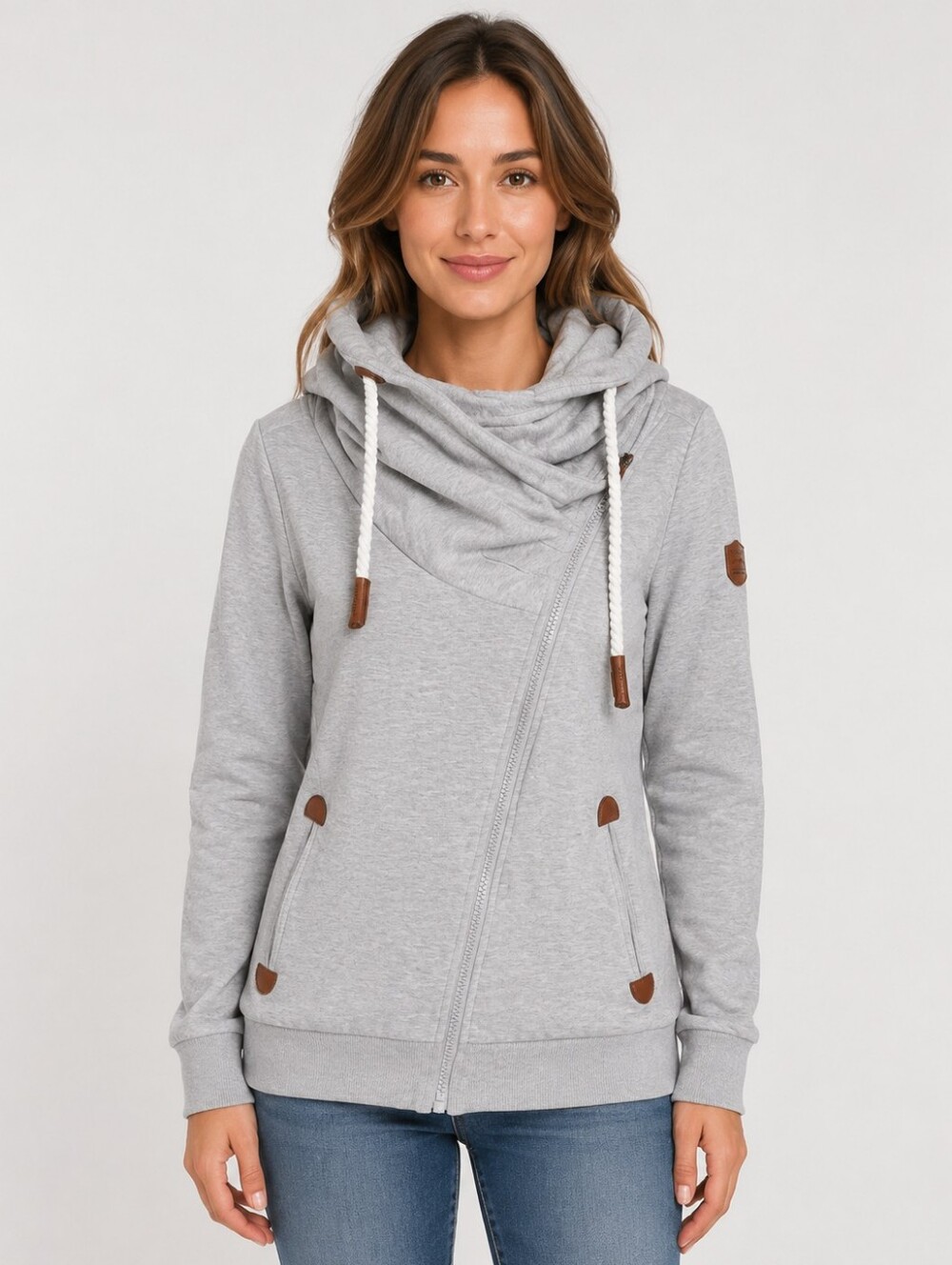 Wanakome Gray Asymmetrical Zip Cowl Neck Hoodie Small